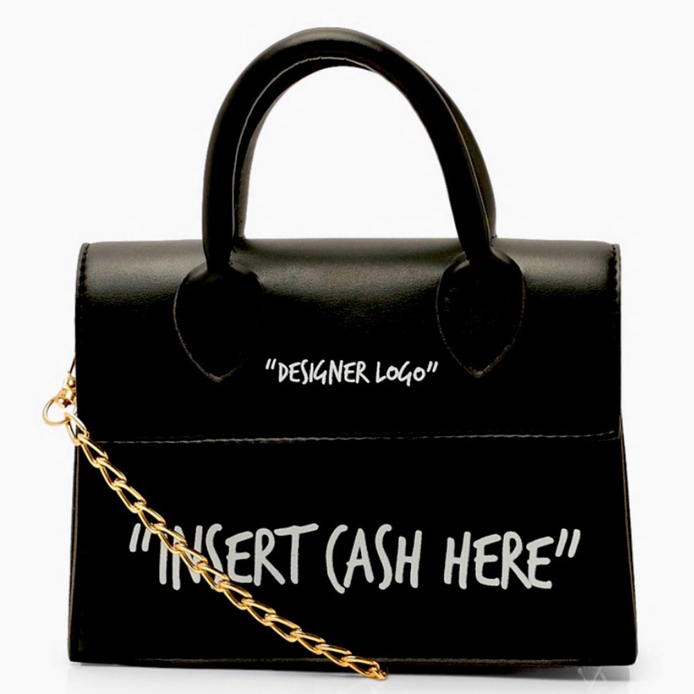 Black and white “insert money here” bag
